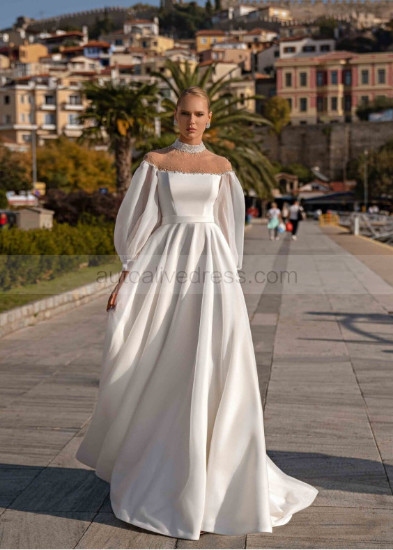 Beaded Ivory Satin Organza Stunning Wedding Dress